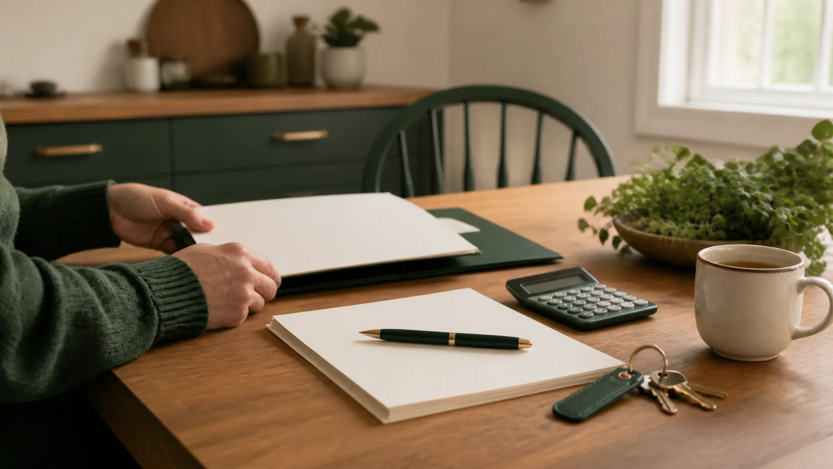 Couple sitting at a table reviewing mortgage documents with a laptop open