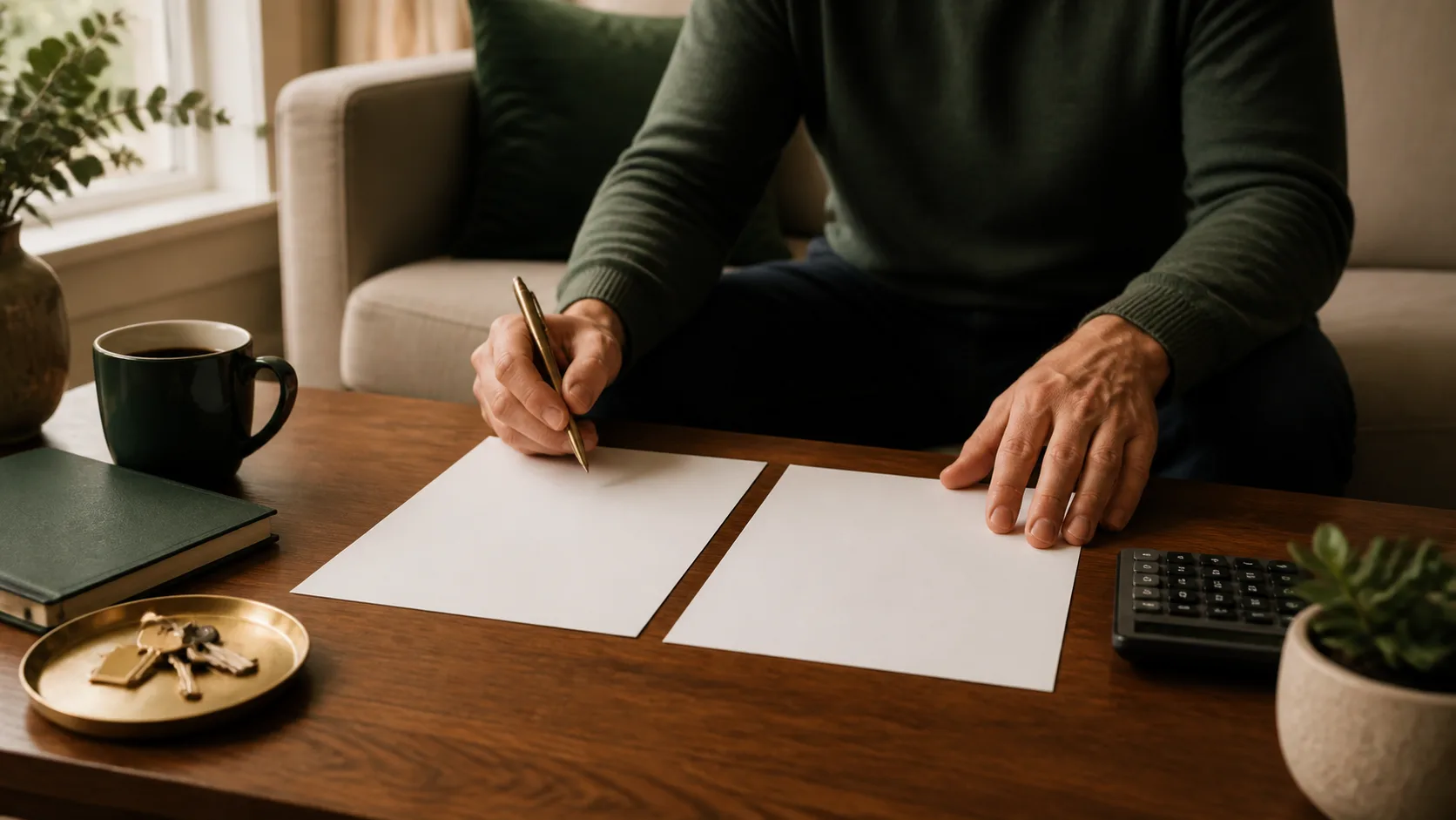 Homeowner reviewing mortgage documents at a kitchen table with a calculator