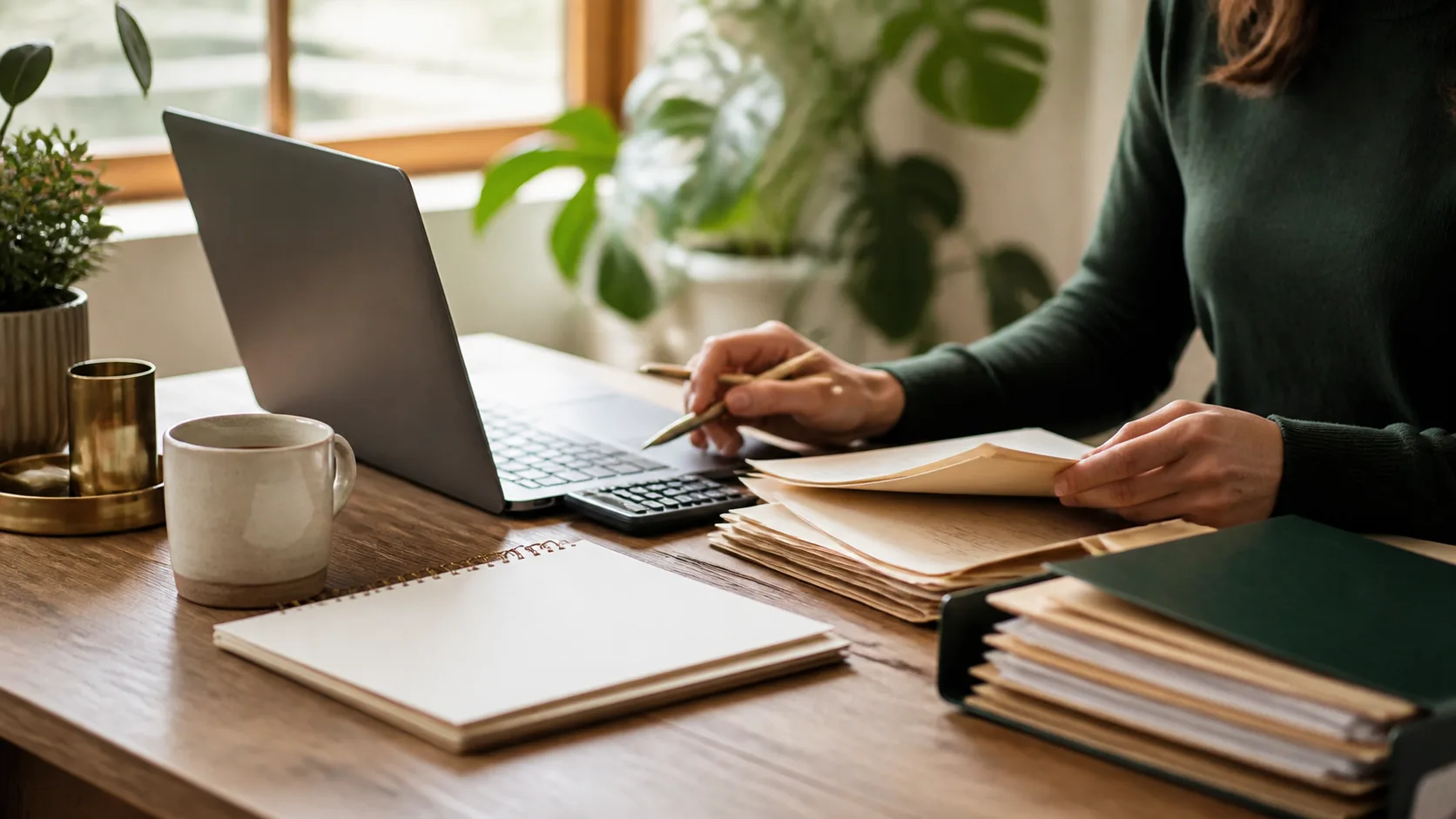 Self-employed professional reviewing mortgage documents at a home office desk with a laptop and calculator